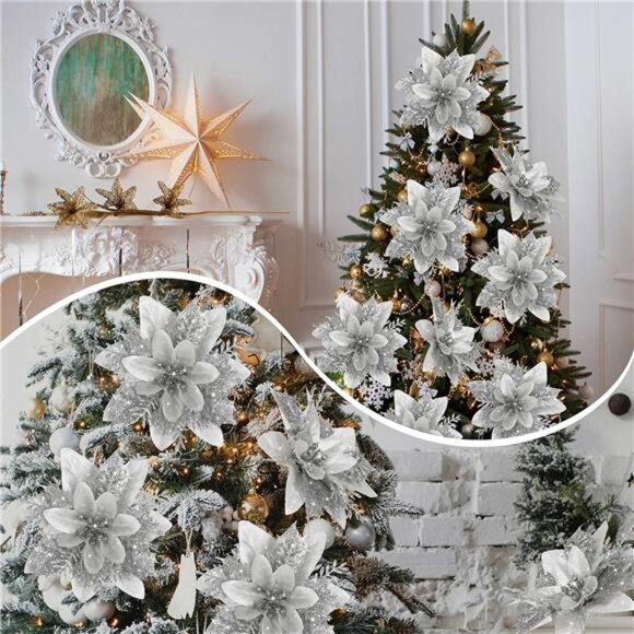 15 PCS Silver Poinsettia Flower Artificial Poinsettia with Clips Christmas Decor - Picture 3 of 7